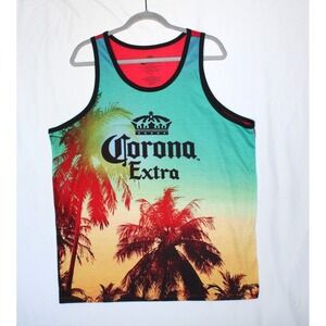 Corona Extra Men's XL Tank Top Shirt Tropical Palm Tree Sunset Beach Graphic Red